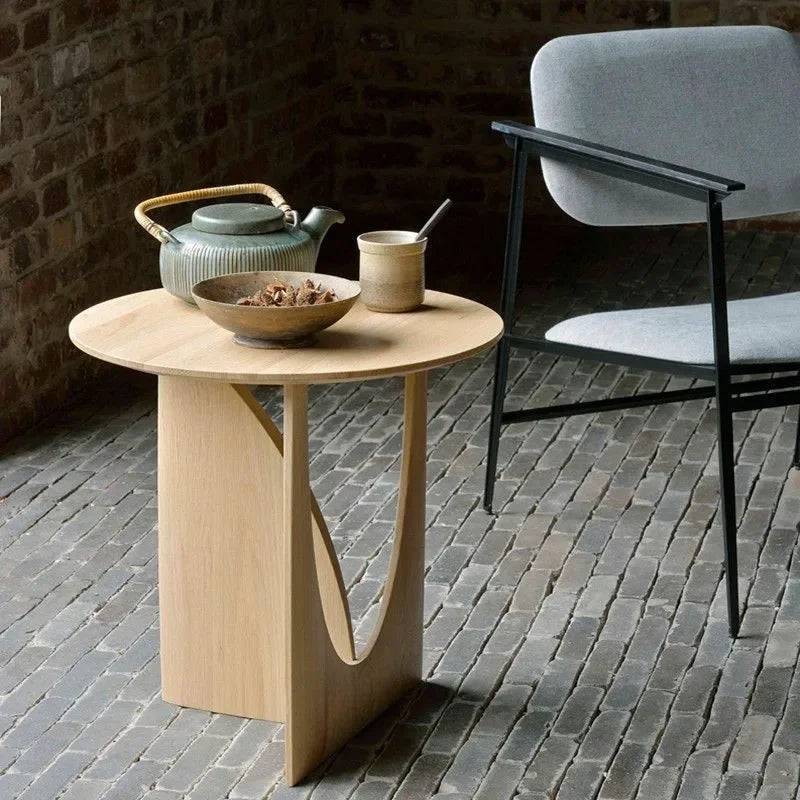 Round Solid Wood Side Table with Sculpted Geometric Base