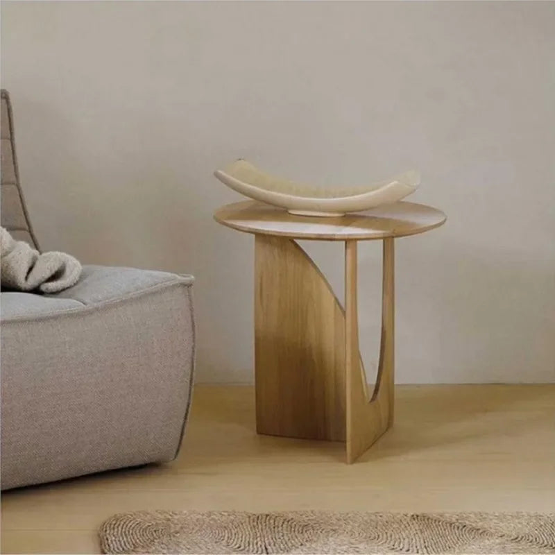 Round Solid Wood Side Table with Sculpted Geometric Base