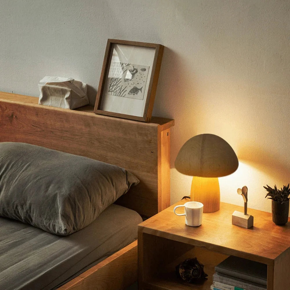 Wooden Mushroom Lamp Bedside Night Light Warm Glow for Nightstand and Shelf
