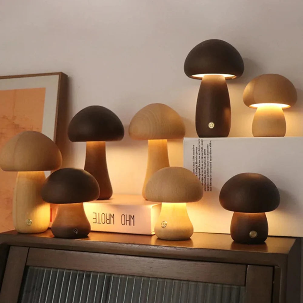 Wooden Mushroom Lamp Bedside Night Light Warm Glow for Nightstand and Shelf