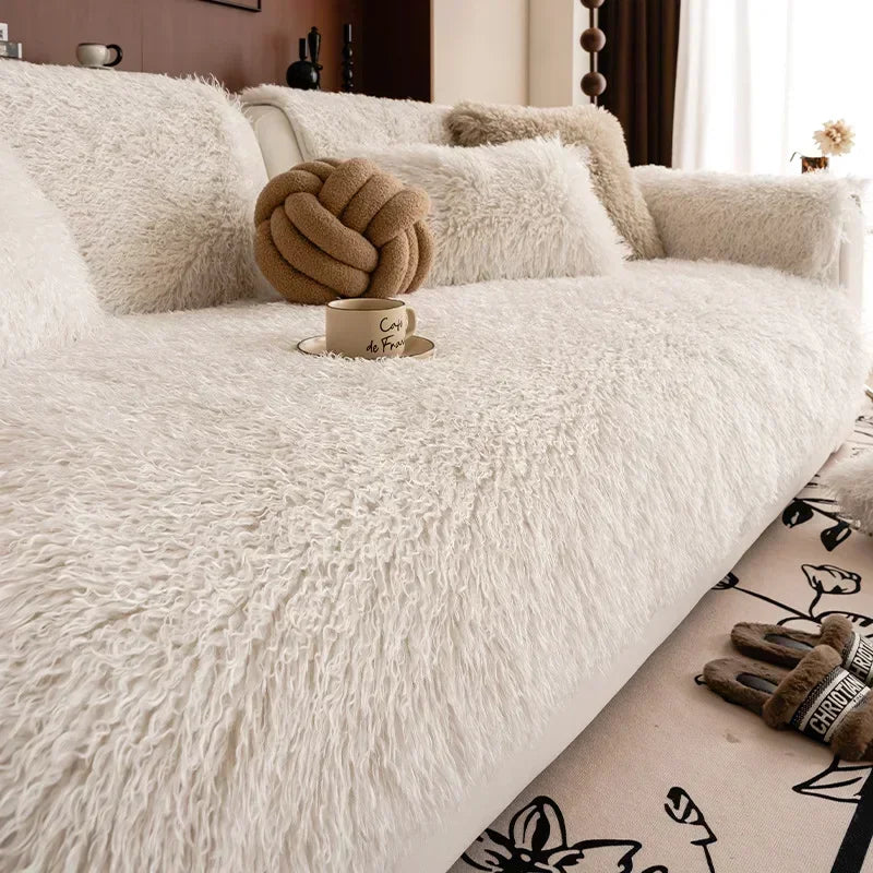 Faux Lambswool Sofa Cover with Long Shaggy Pile