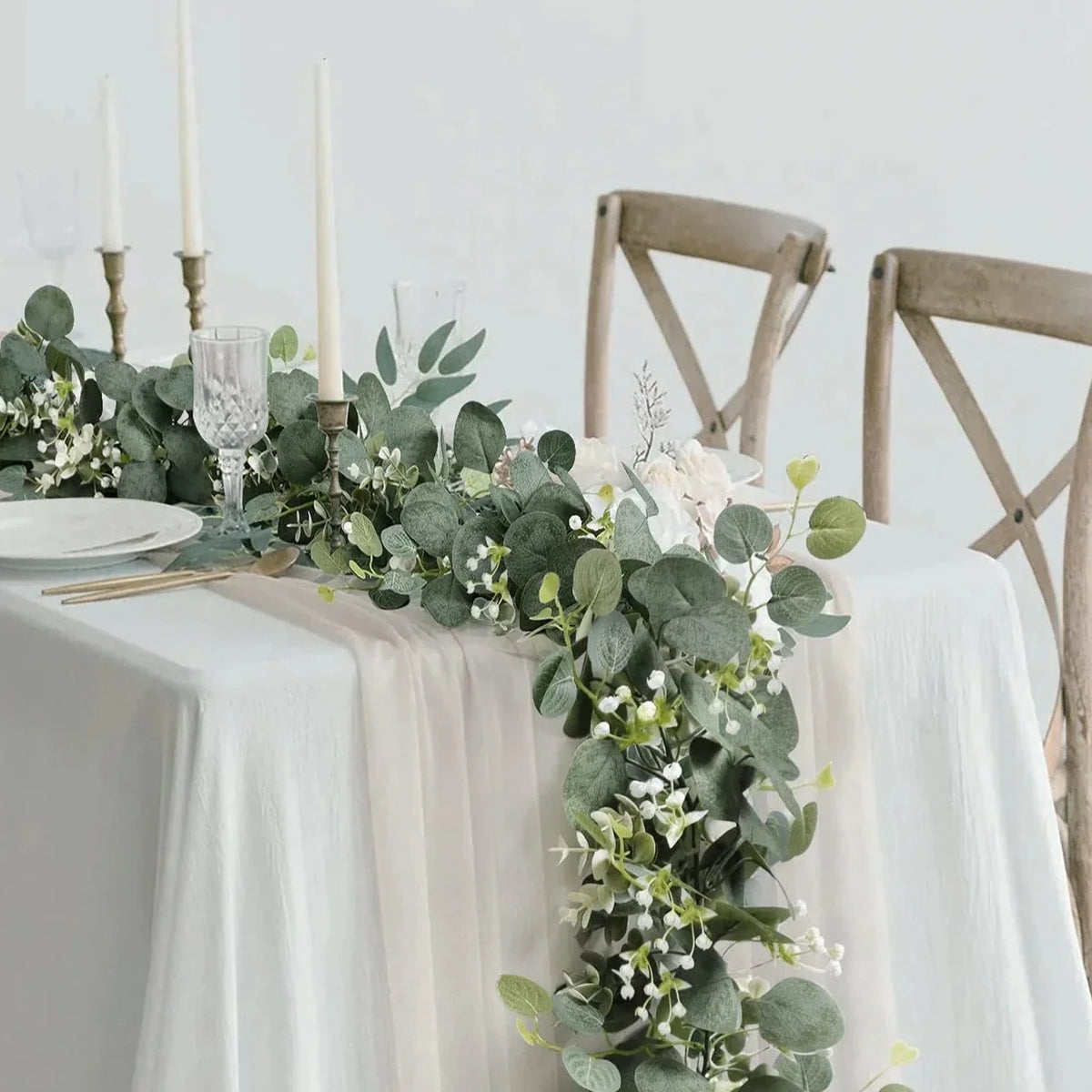 Faux Eucalyptus Garland Set of 2 Artificial Greenery for Mantel and Table