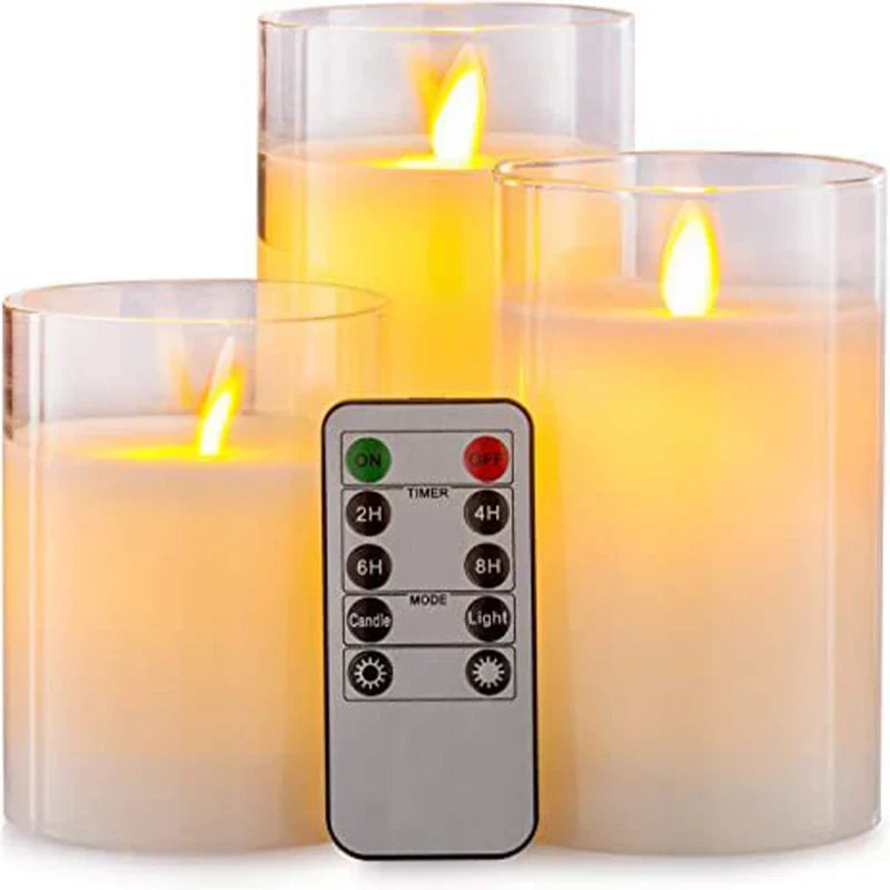 Flameless Candles 3 Piece Set in Tinted Glass LED Flickering for Table Decor
