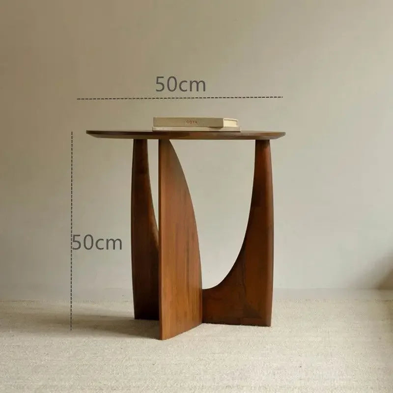 Round Solid Wood Side Table with Sculpted Geometric Base