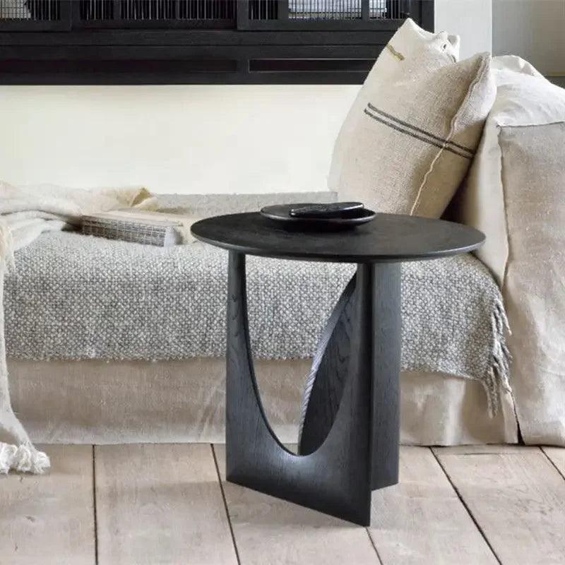 Round Solid Wood Side Table with Sculpted Geometric Base