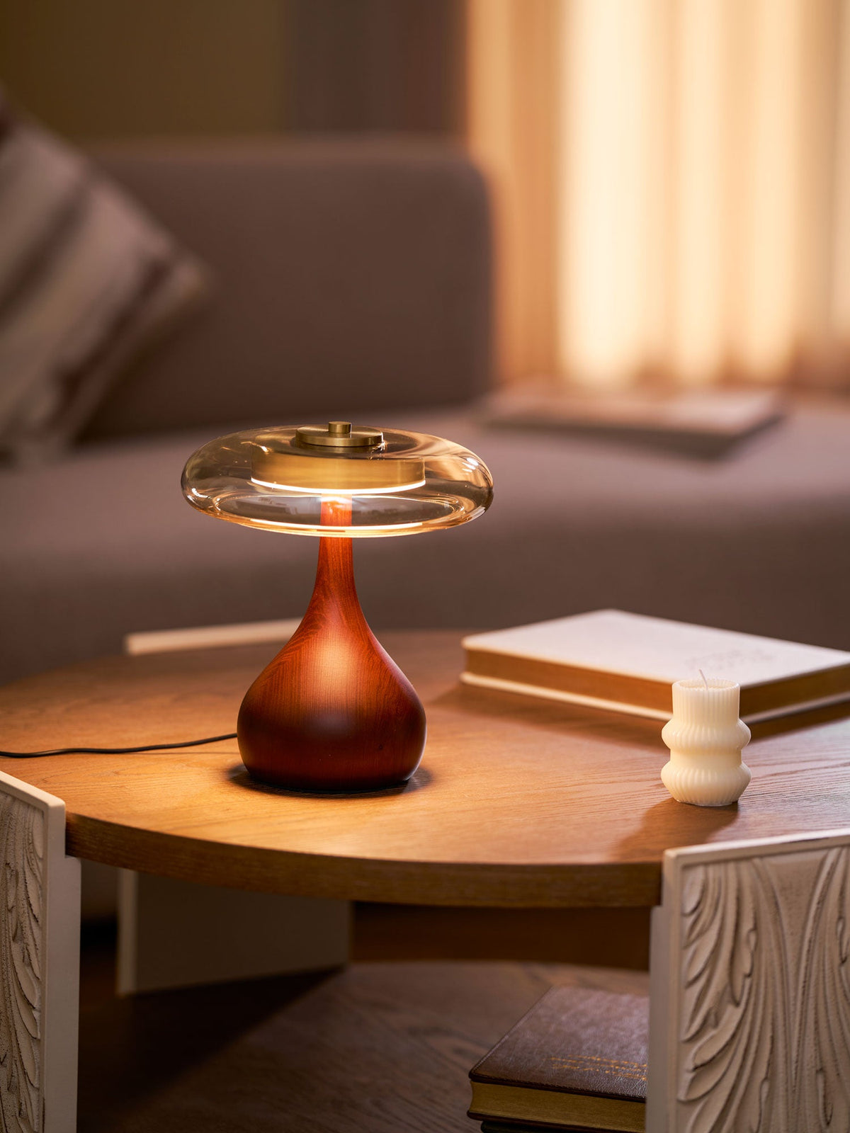Glass Table Lamp Brass and Wood Base Three Color Temperatures Bedside