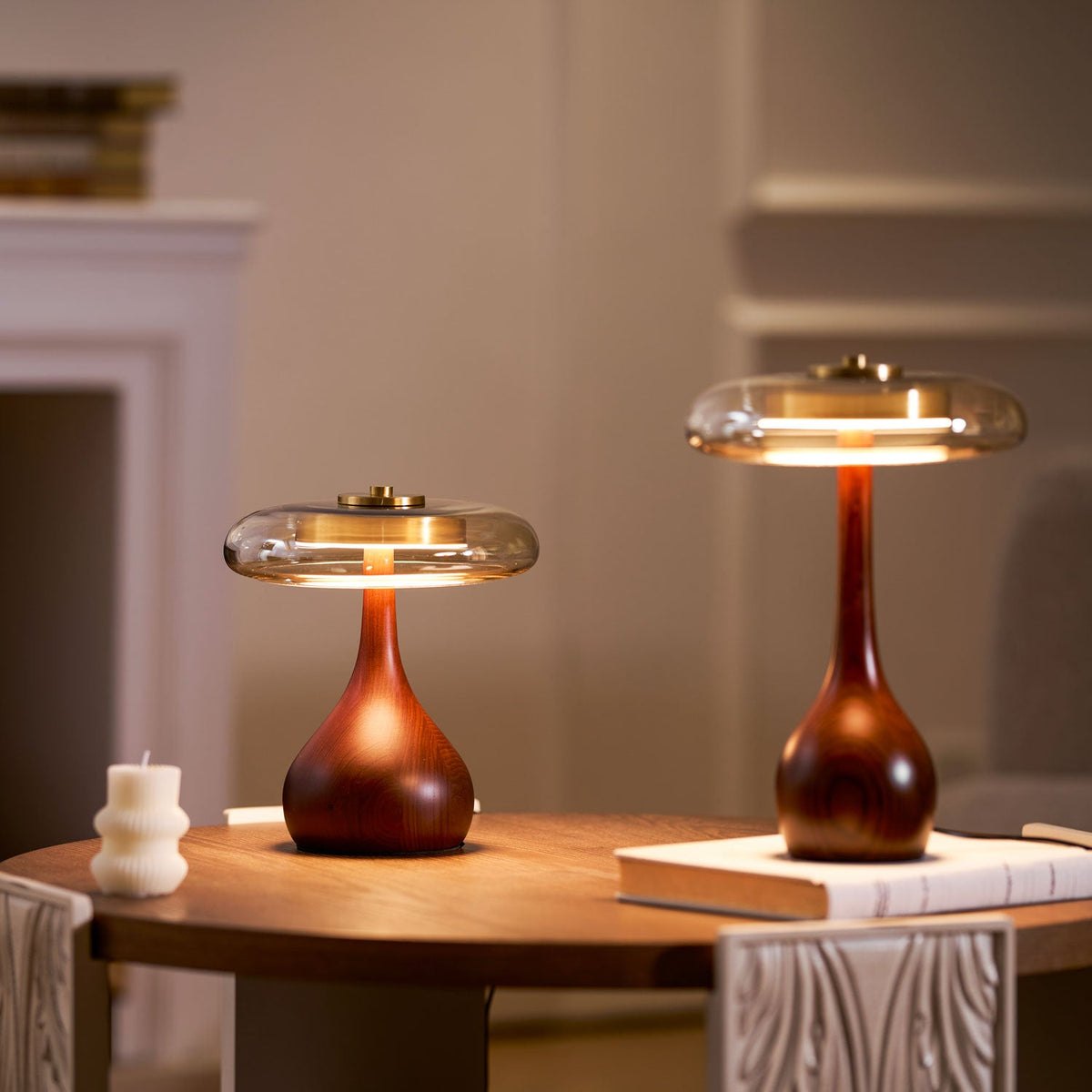 Glass Table Lamp Brass and Wood Base Three Color Temperatures Bedside