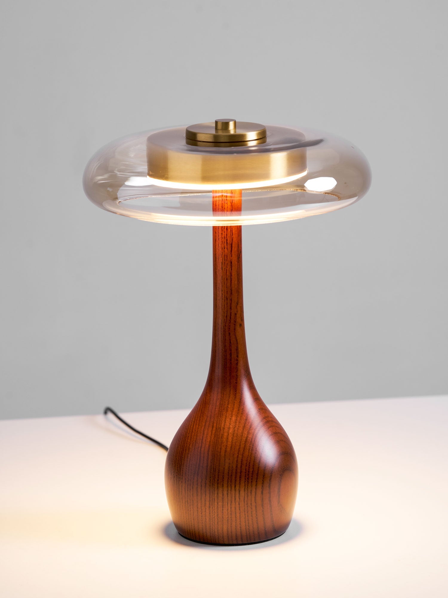 Glass Table Lamp Brass and Wood Base Three Color Temperatures Bedside