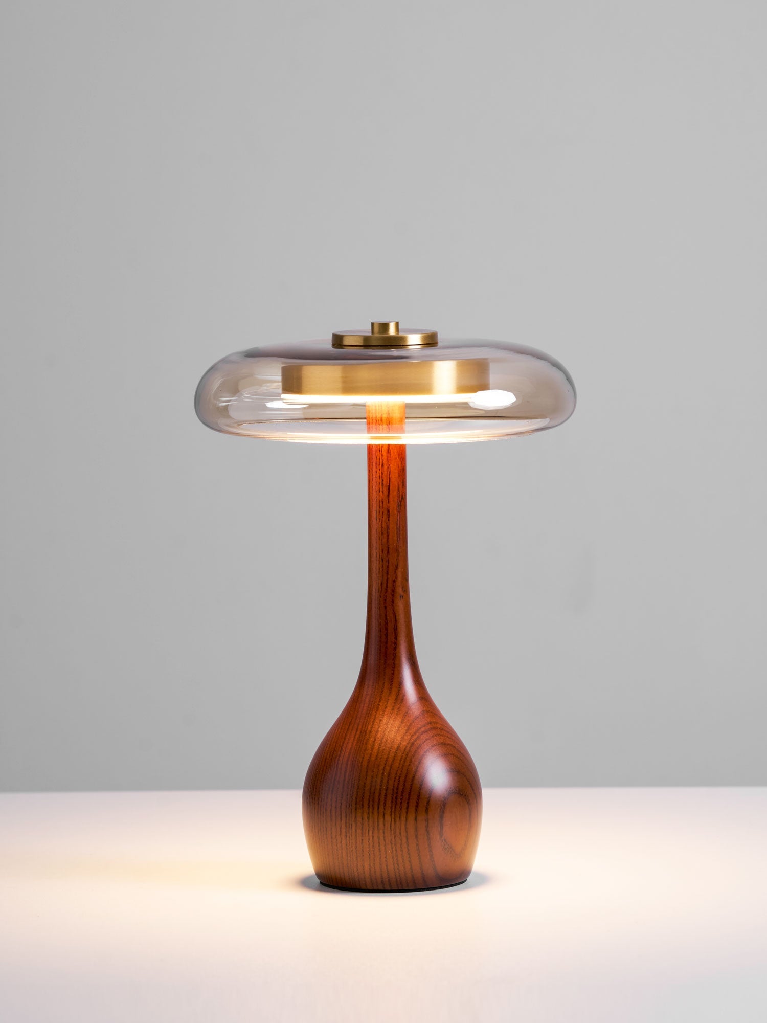 Glass Table Lamp Brass and Wood Base Three Color Temperatures Bedside
