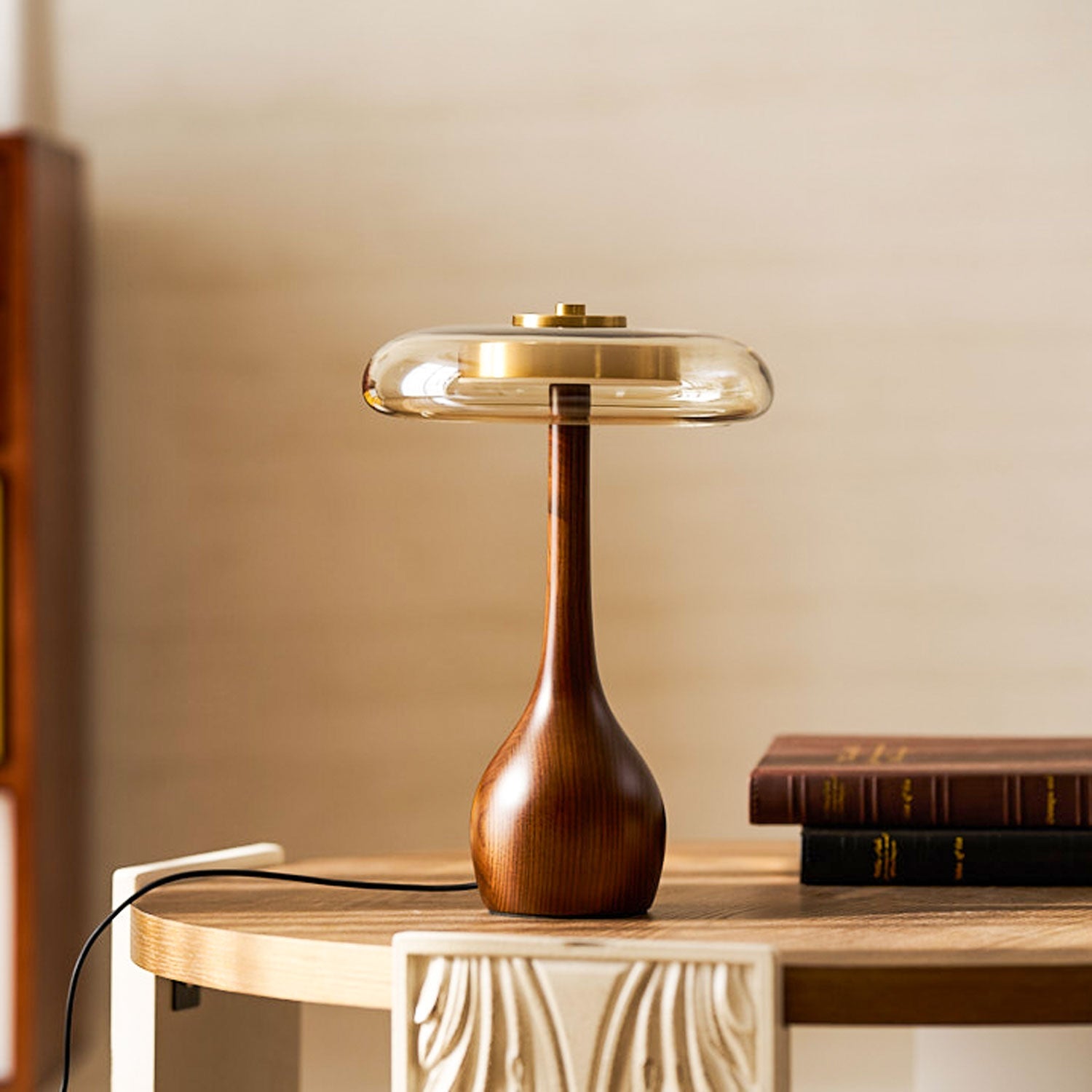 Glass Table Lamp Brass and Wood Base Three Color Temperatures Bedside