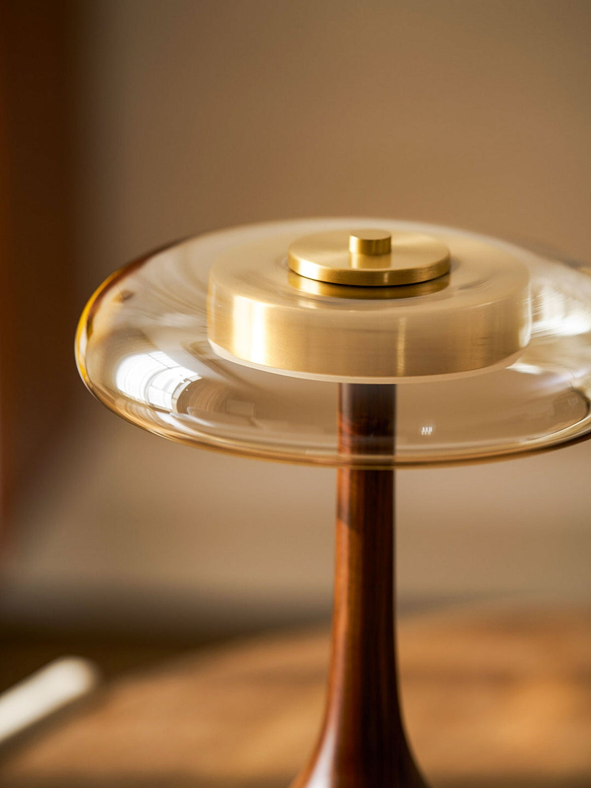 Glass Table Lamp Brass and Wood Base Three Color Temperatures Bedside