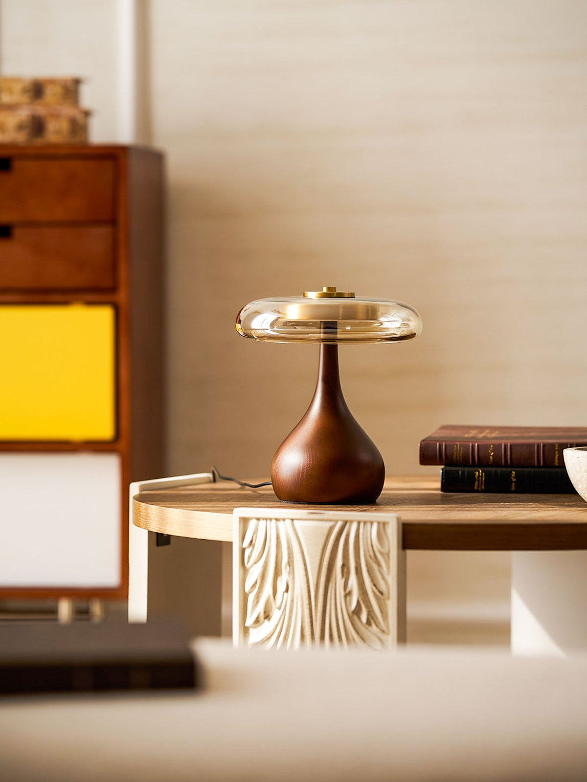 Glass Table Lamp Brass and Wood Base Three Color Temperatures Bedside