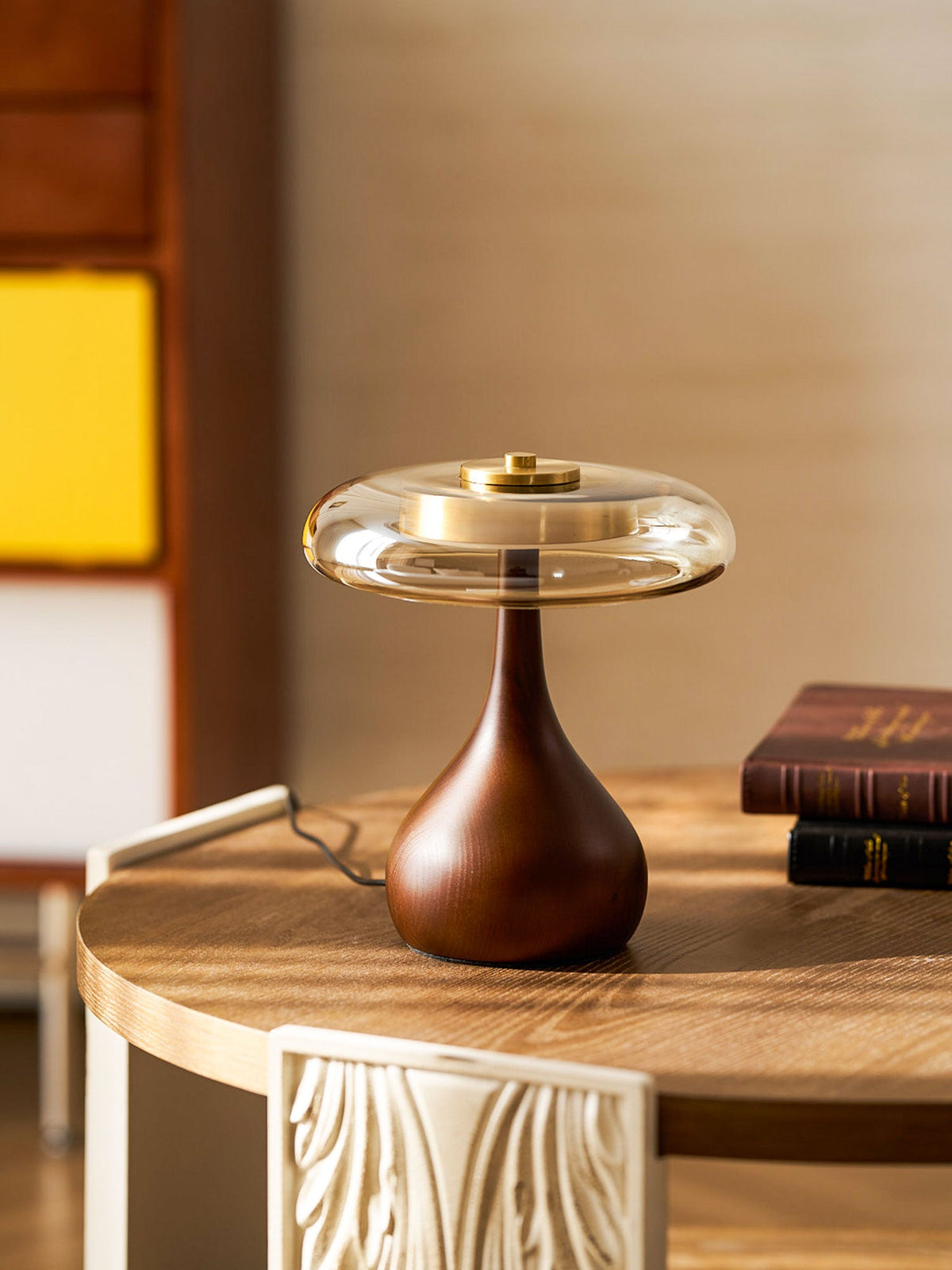 Glass Table Lamp Brass and Wood Base Three Color Temperatures Bedside