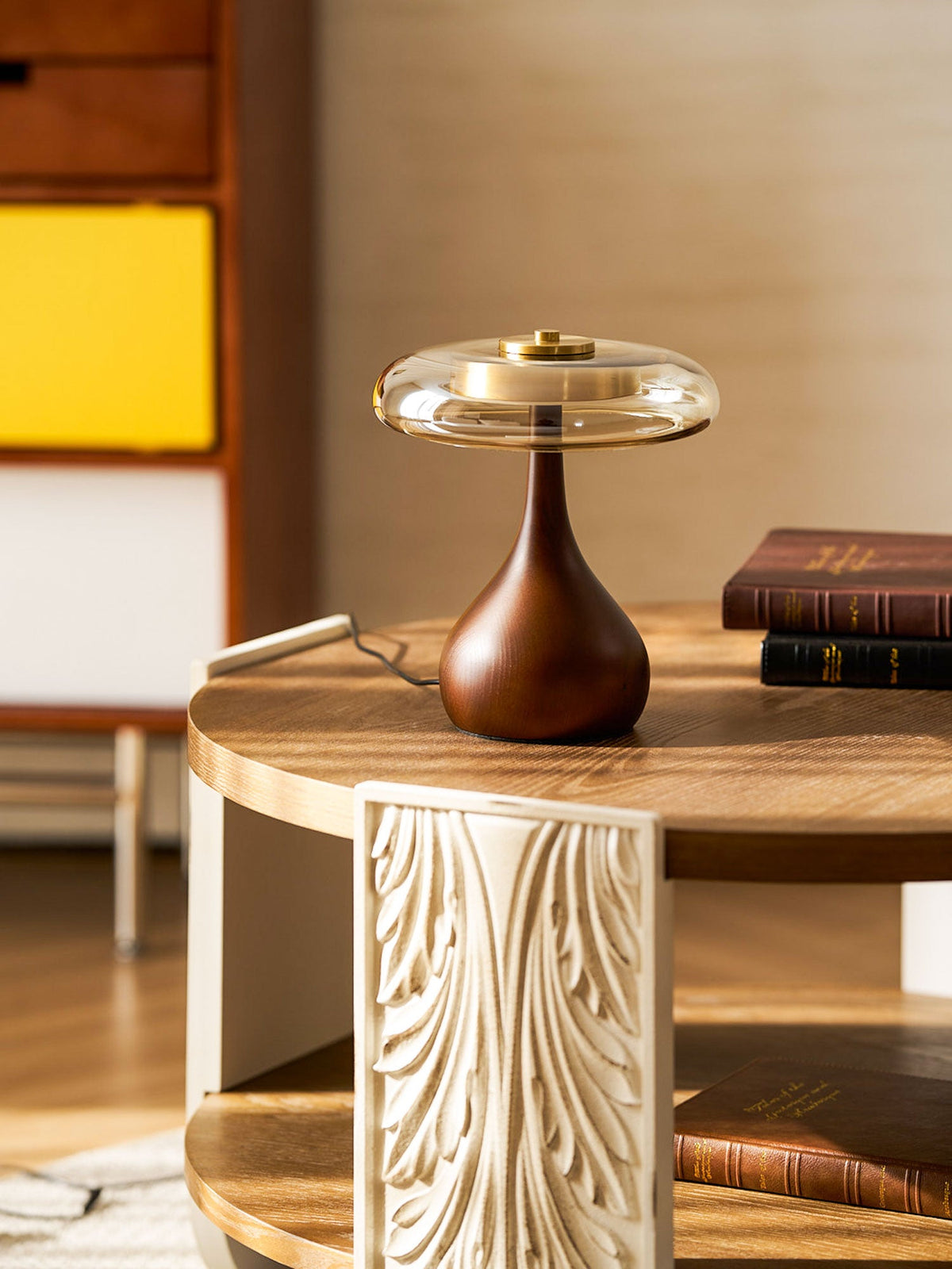 Glass Table Lamp Brass and Wood Base Three Color Temperatures Bedside