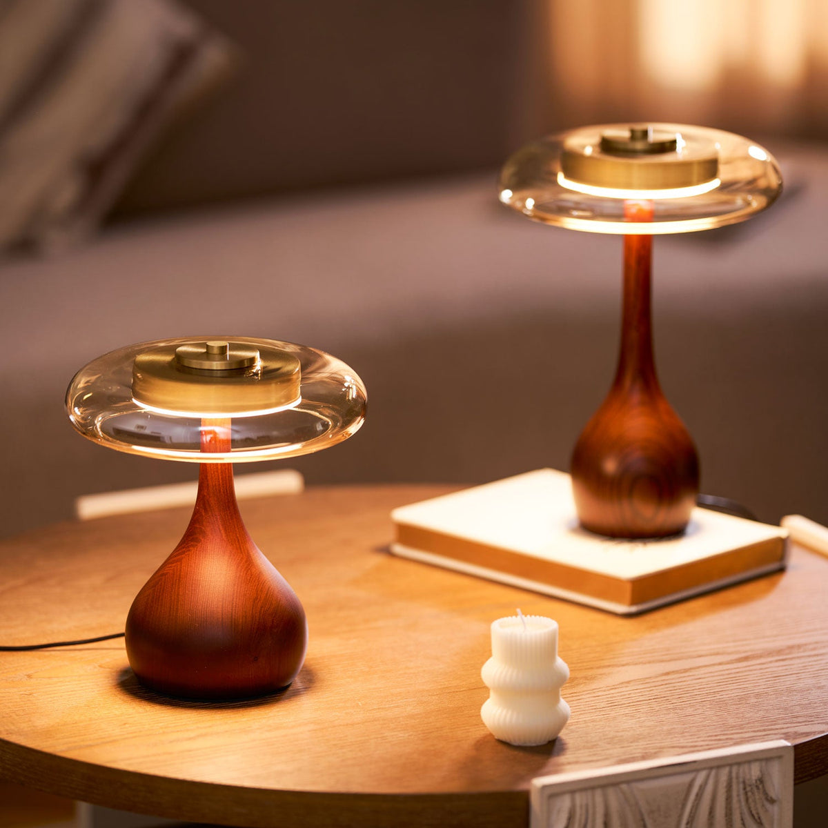 Glass Table Lamp Brass and Wood Base Three Color Temperatures Bedside