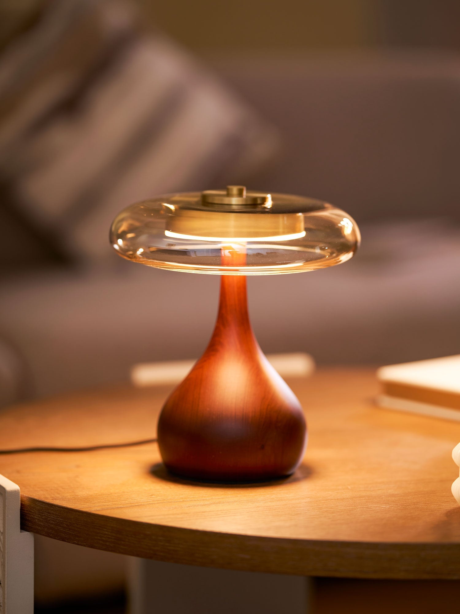 Glass Table Lamp Brass and Wood Base Three Color Temperatures Bedside