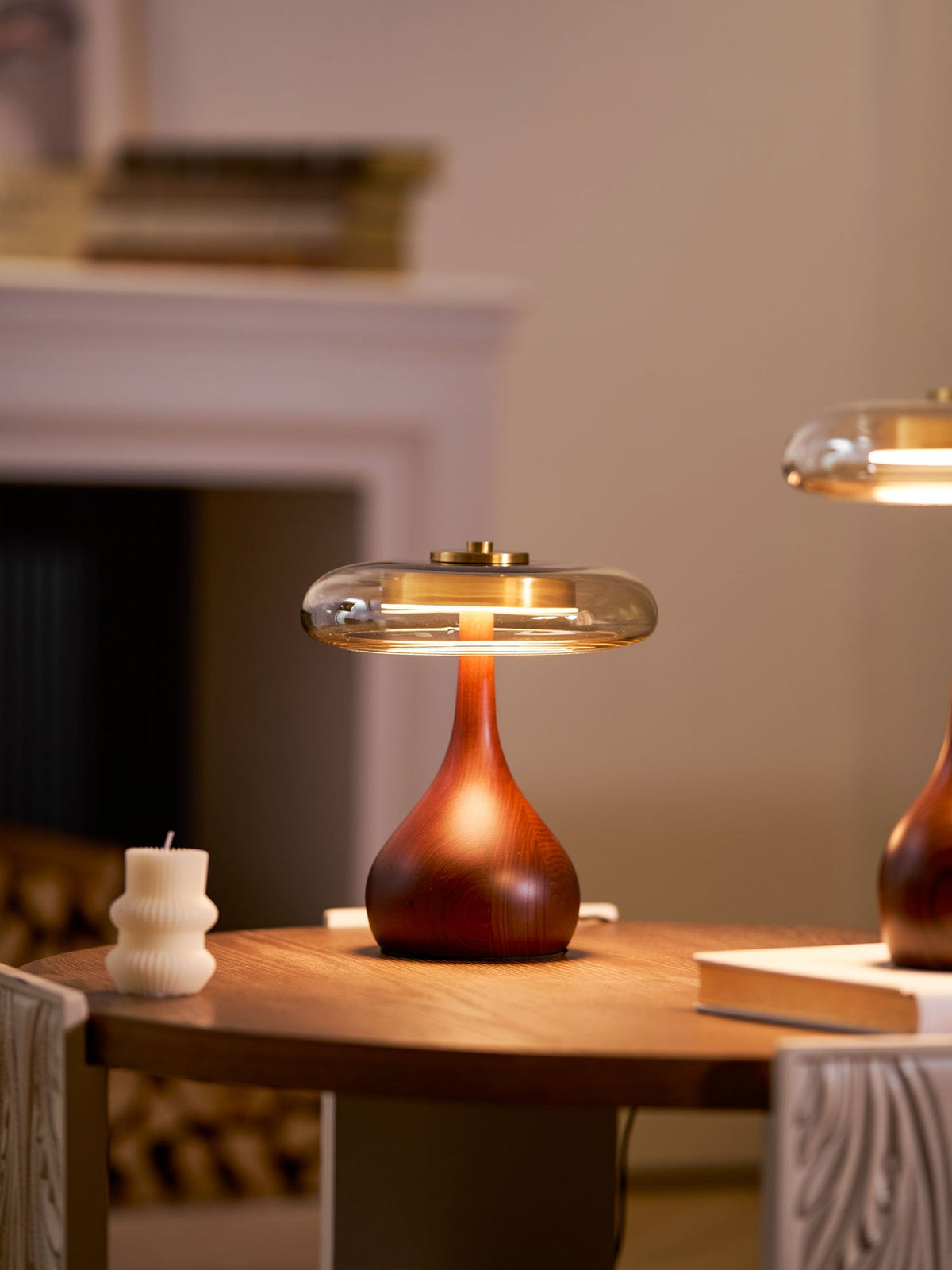 Glass Table Lamp Brass and Wood Base Three Color Temperatures Bedside
