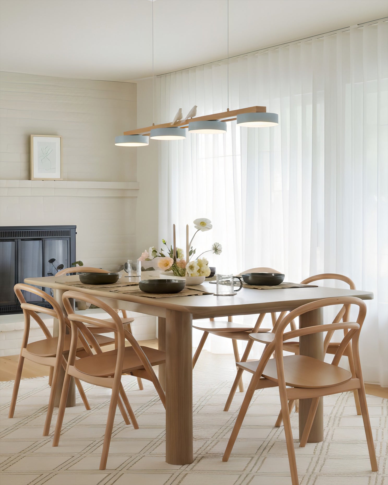 Linear Chandelier for Kitchen Island Wood Frame with Bird Figurines LED