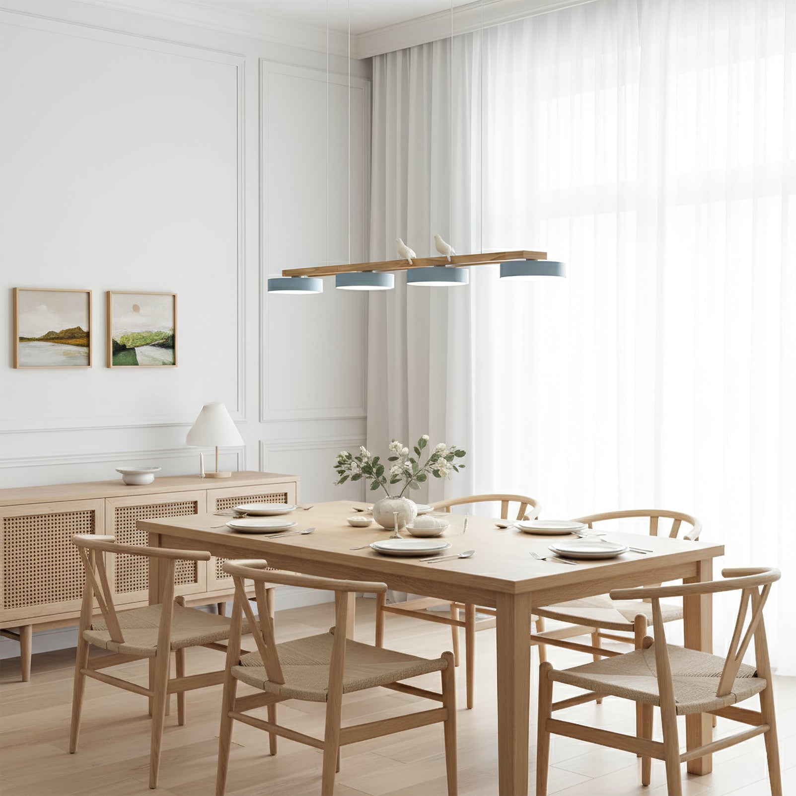 Linear Chandelier for Kitchen Island Wood Frame with Bird Figurines LED