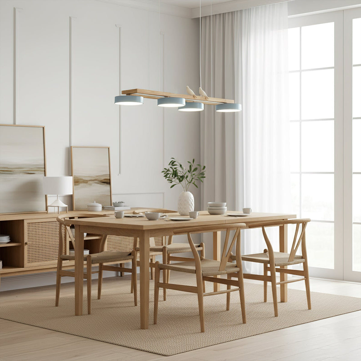 Linear Chandelier for Kitchen Island Wood Frame with Bird Figurines LED
