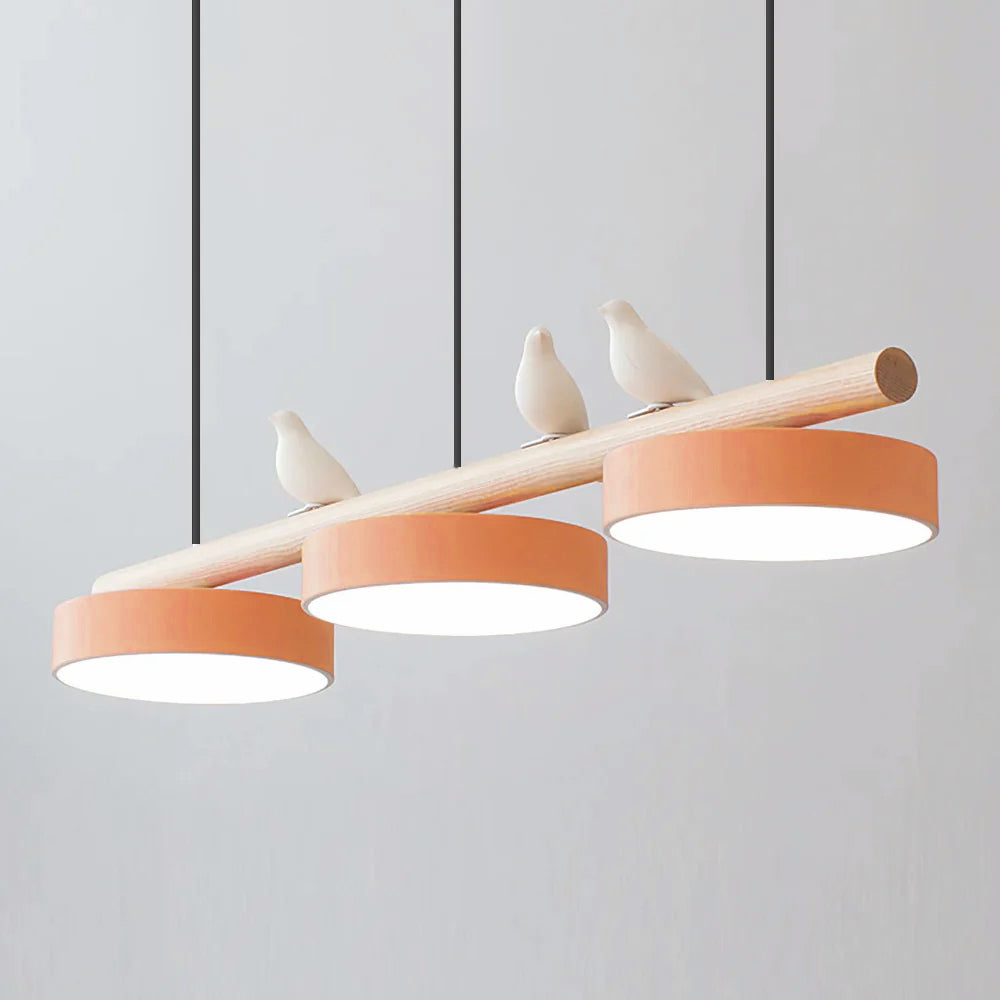 Linear Bar Pendant Light with Movable Bird Figurines Remote Dimming LED