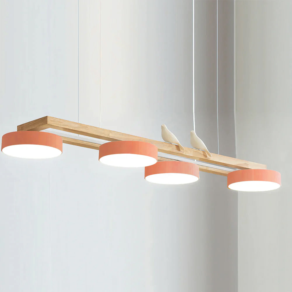 Linear Chandelier for Kitchen Island Wood Frame with Bird Figurines LED