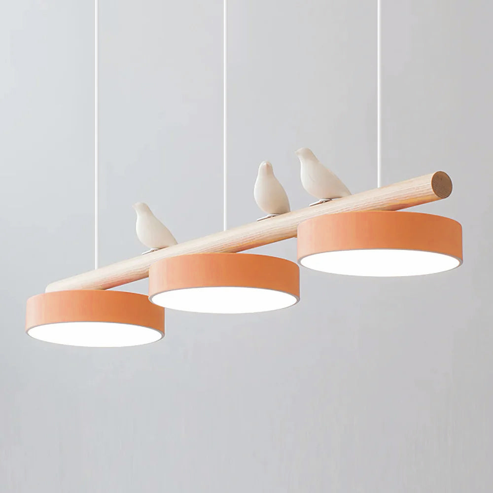Linear Bar Pendant Light with Movable Bird Figurines Remote Dimming LED