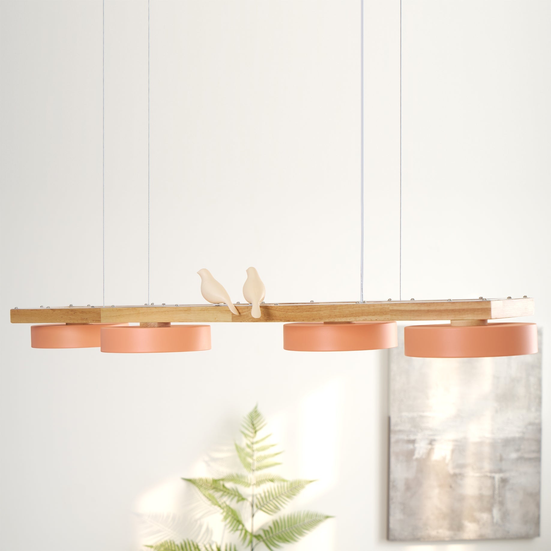 Linear Chandelier for Kitchen Island Wood Frame with Bird Figurines LED