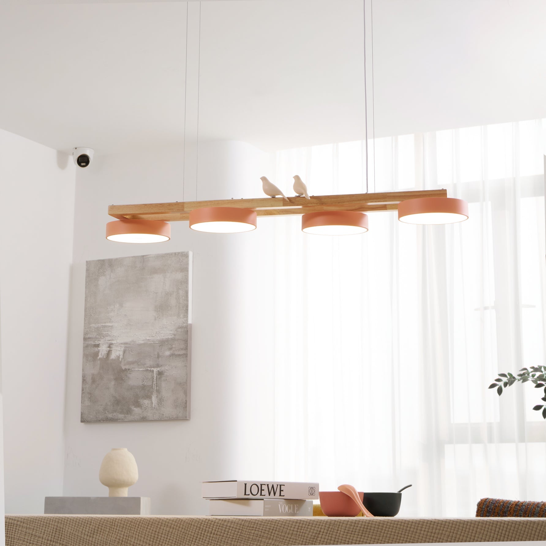 Linear Chandelier for Kitchen Island Wood Frame with Bird Figurines LED