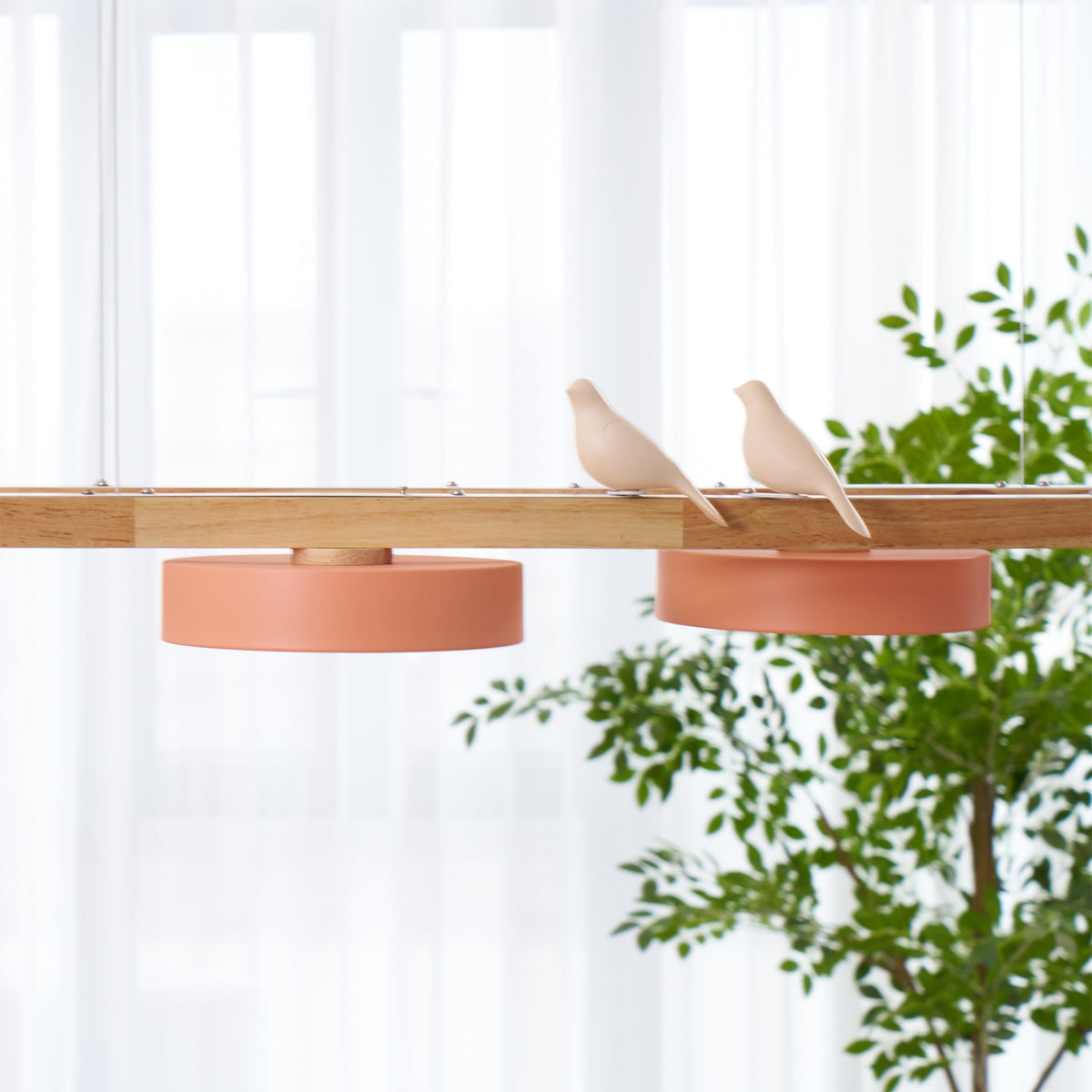 Linear Chandelier for Kitchen Island Wood Frame with Bird Figurines LED