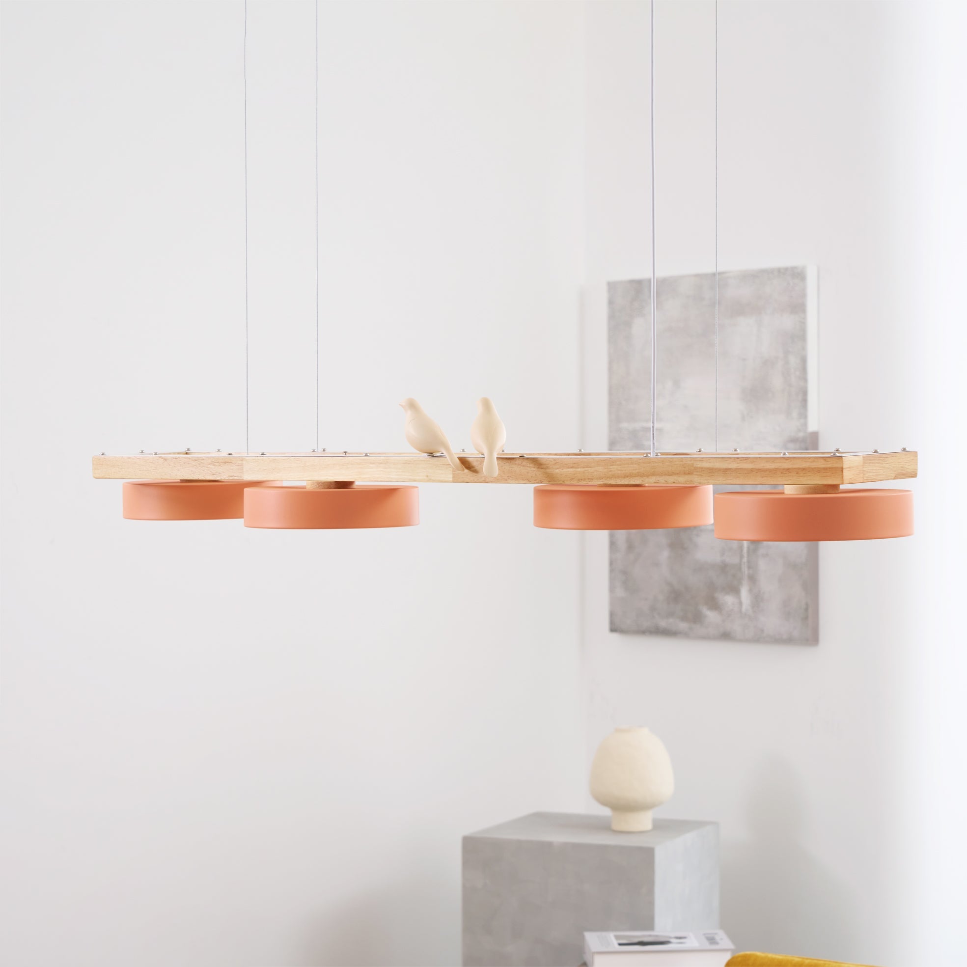 Linear Chandelier for Kitchen Island Wood Frame with Bird Figurines LED