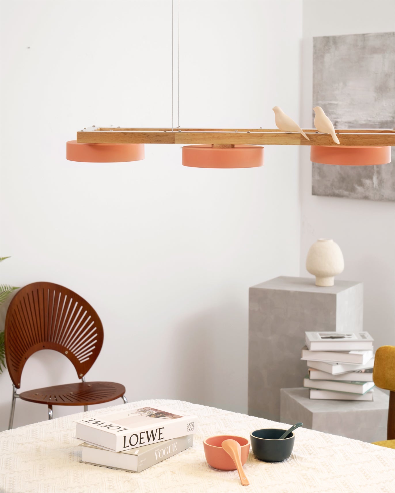 Linear Chandelier for Kitchen Island Wood Frame with Bird Figurines LED