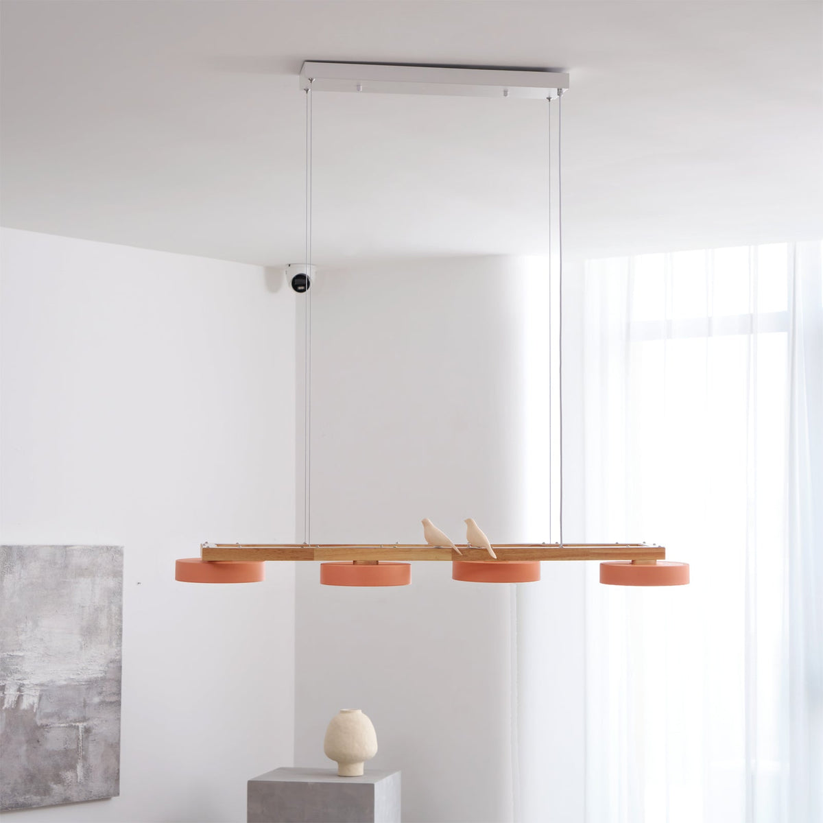 Linear Chandelier for Kitchen Island Wood Frame with Bird Figurines LED