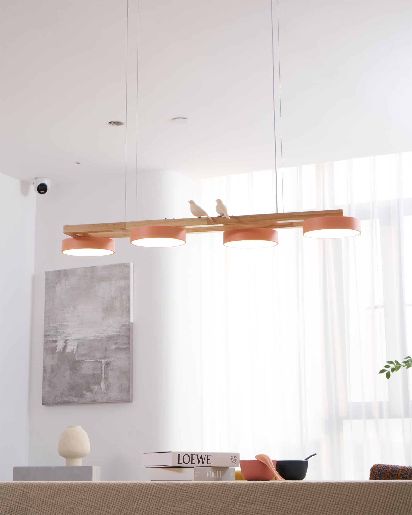 Linear Chandelier for Kitchen Island Wood Frame with Bird Figurines LED