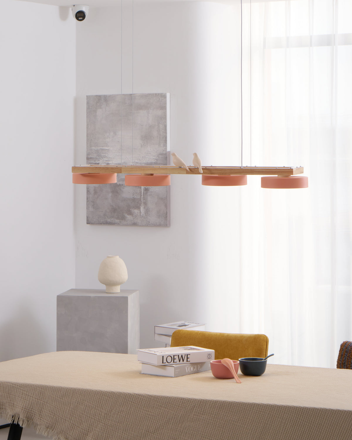 Linear Chandelier for Kitchen Island Wood Frame with Bird Figurines LED