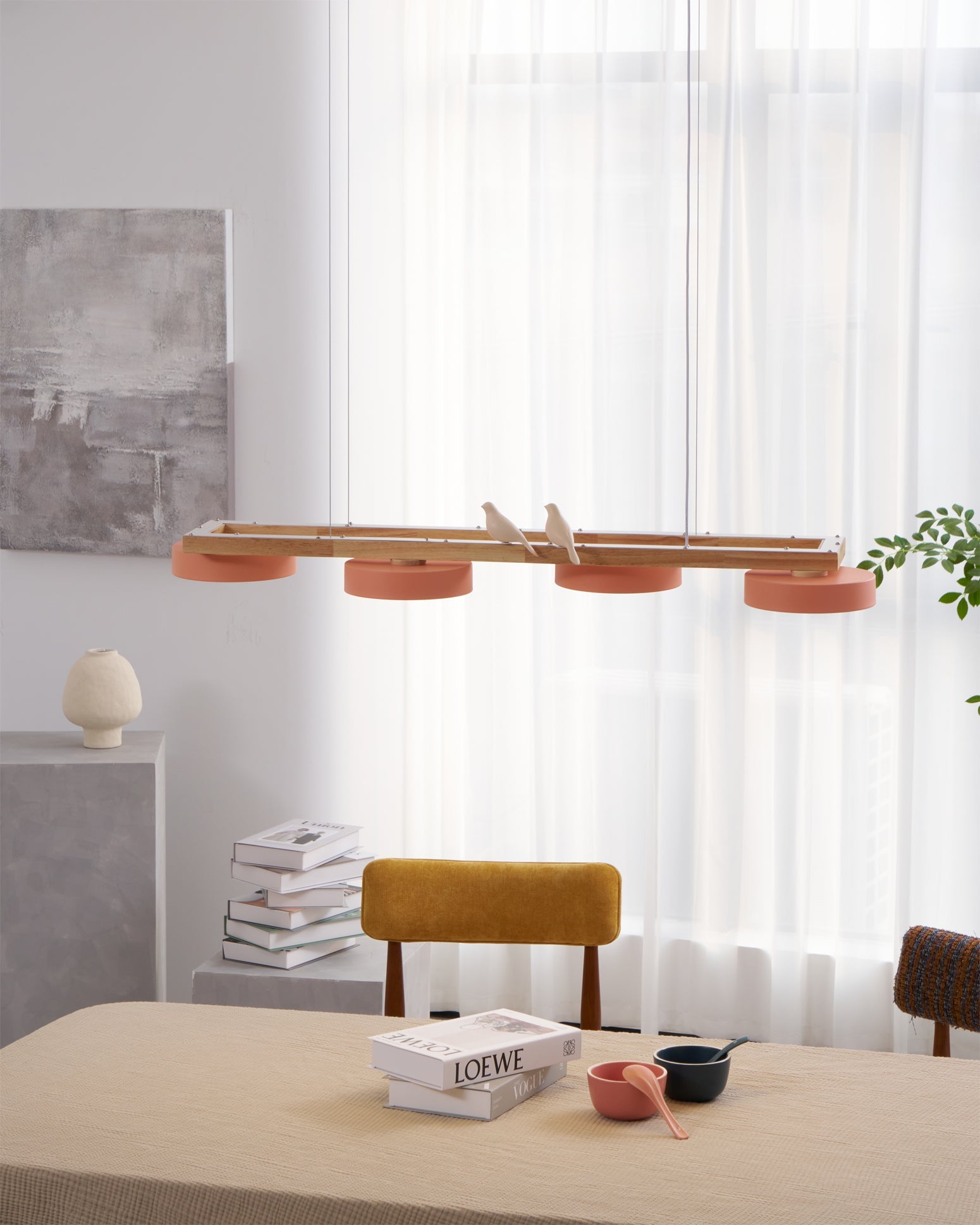 Linear Chandelier for Kitchen Island Wood Frame with Bird Figurines LED
