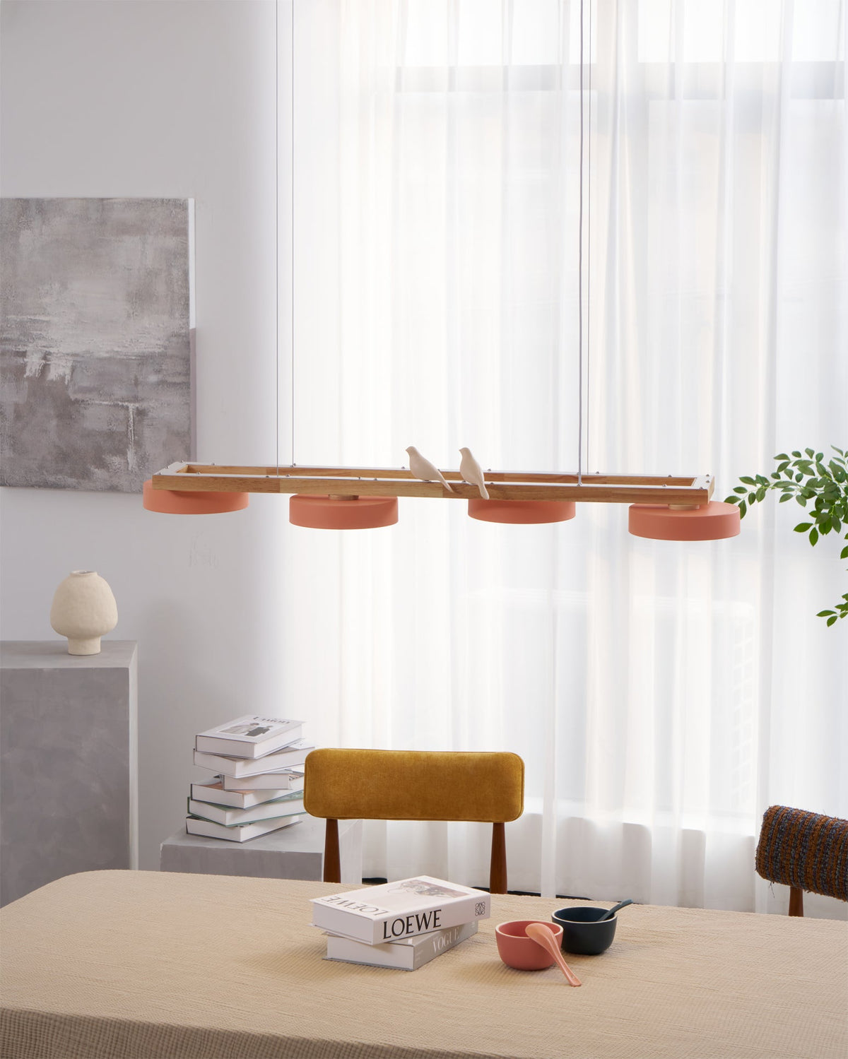 Linear Chandelier for Kitchen Island Wood Frame with Bird Figurines LED
