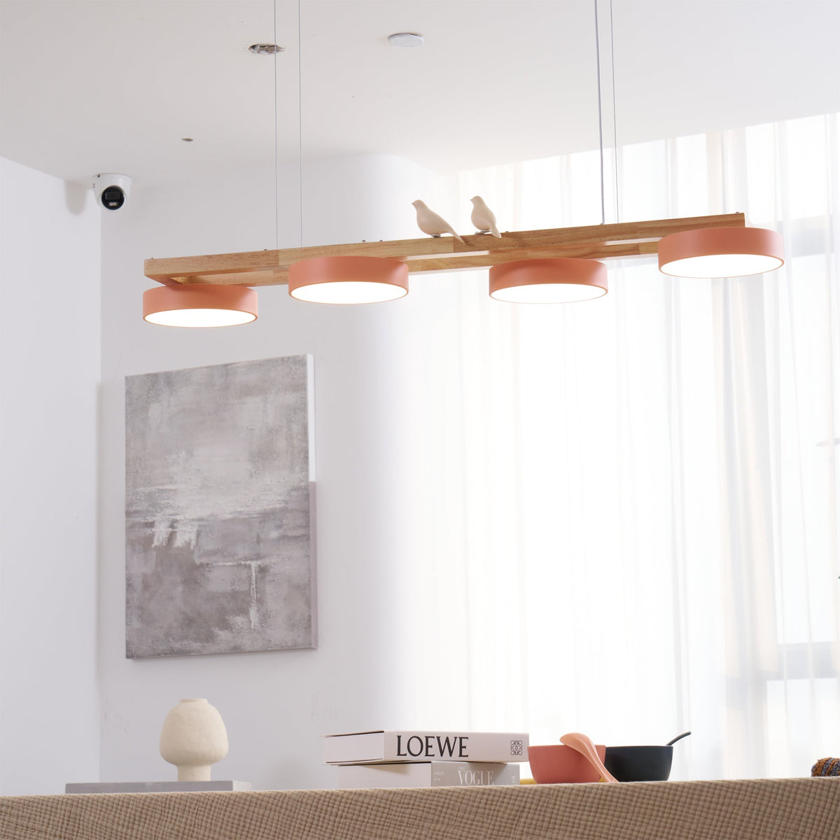 Linear Chandelier for Kitchen Island Wood Frame with Bird Figurines LED