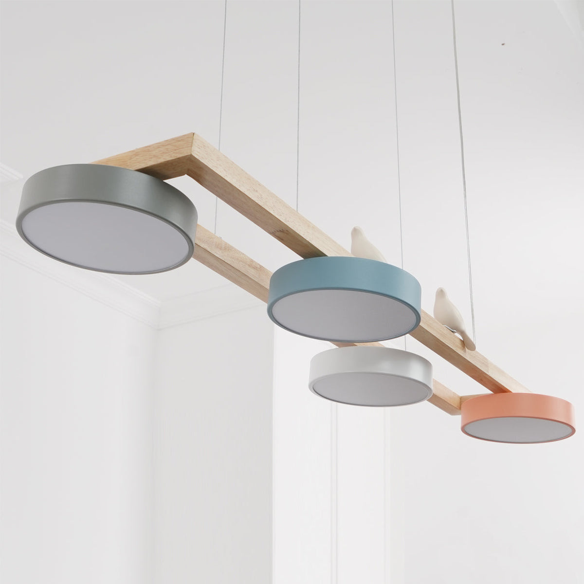 Linear Chandelier for Kitchen Island Wood Frame with Bird Figurines LED