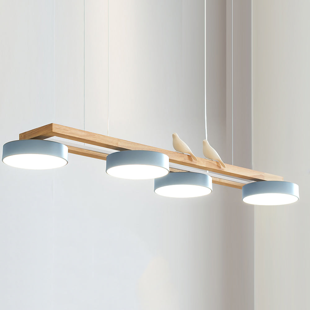 Linear Chandelier for Kitchen Island Wood Frame with Bird Figurines LED