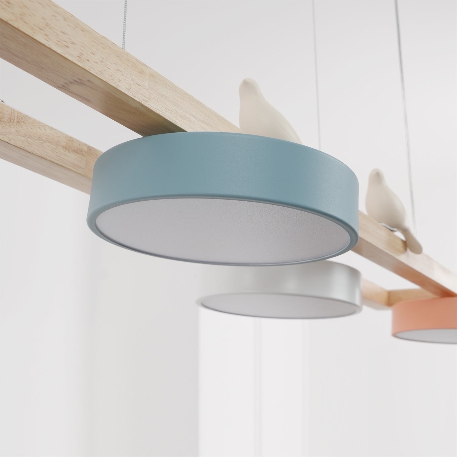 Linear Chandelier for Kitchen Island Wood Frame with Bird Figurines LED