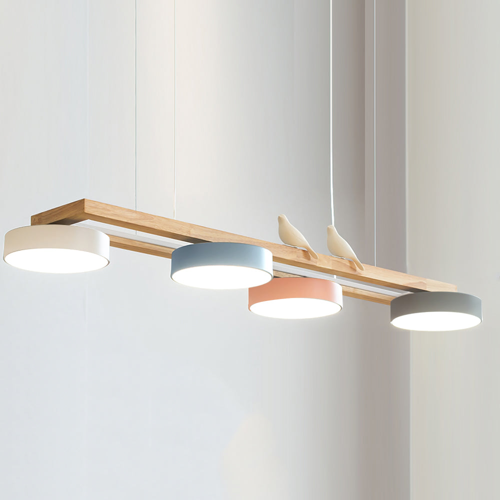 Linear Chandelier for Kitchen Island Wood Frame with Bird Figurines LED