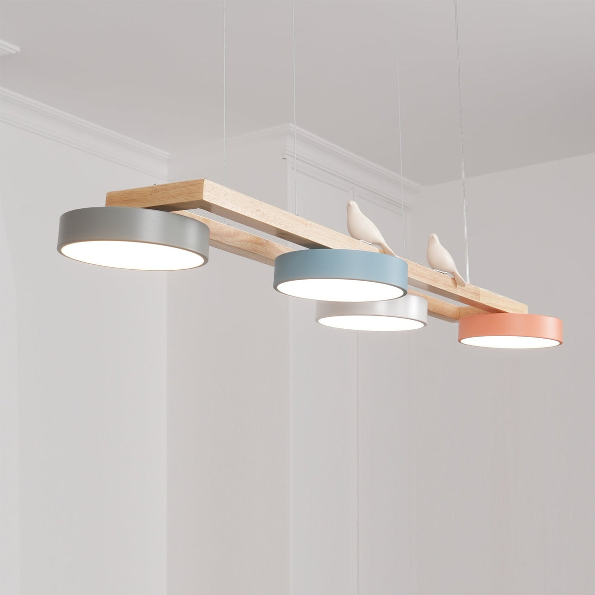 Linear Chandelier for Kitchen Island Wood Frame with Bird Figurines LED