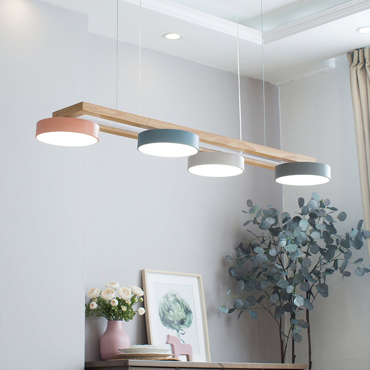Linear Chandelier for Kitchen Island Wood Frame with Bird Figurines LED