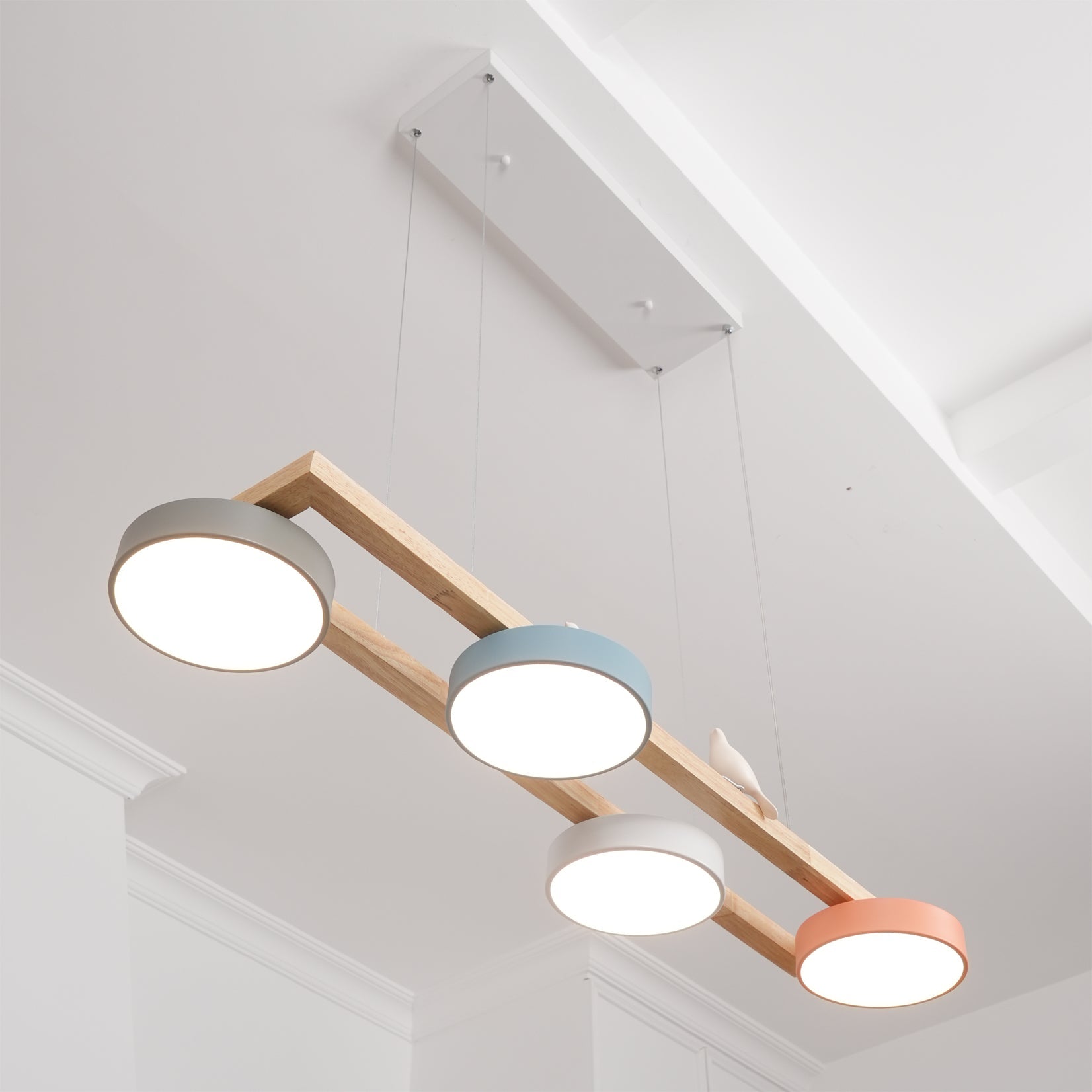 Linear Chandelier for Kitchen Island Wood Frame with Bird Figurines LED