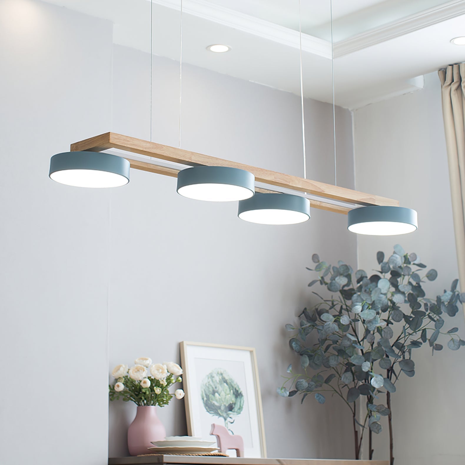 Linear Chandelier for Kitchen Island Wood Frame with Bird Figurines LED