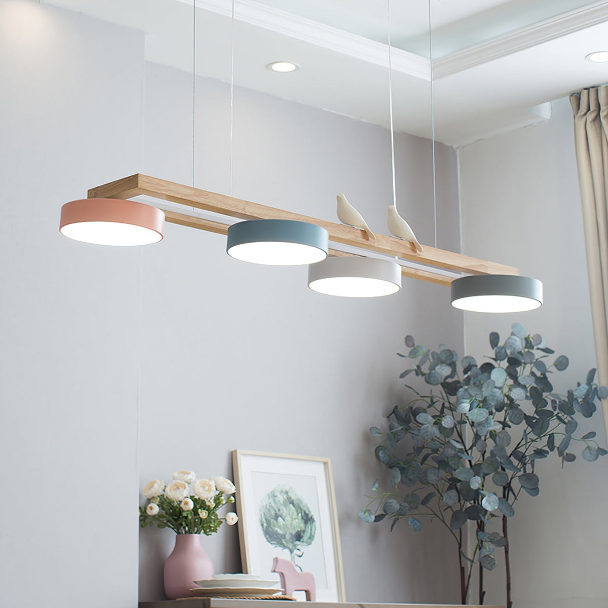 Linear Chandelier for Kitchen Island Wood Frame with Bird Figurines LED