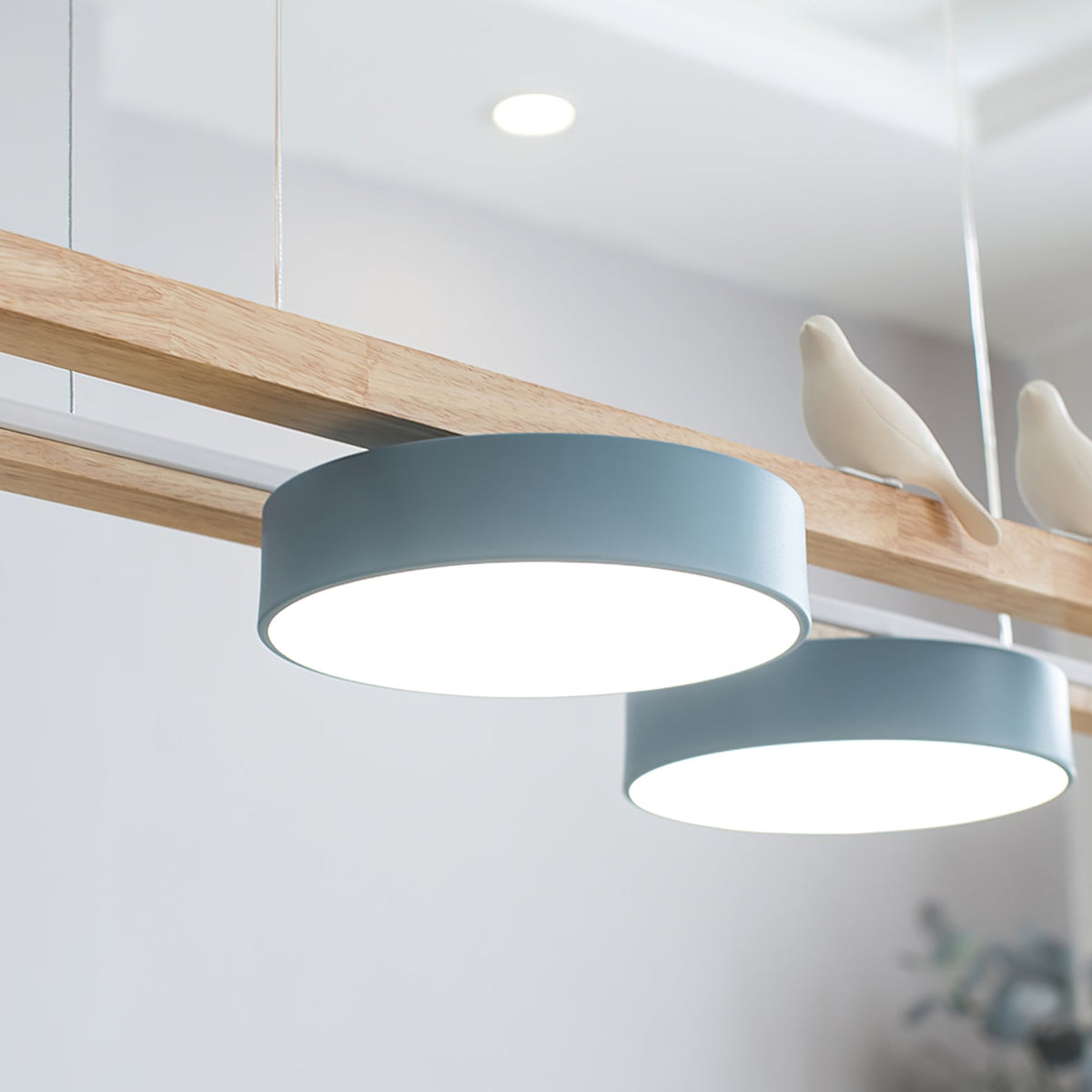 Linear Chandelier for Kitchen Island Wood Frame with Bird Figurines LED