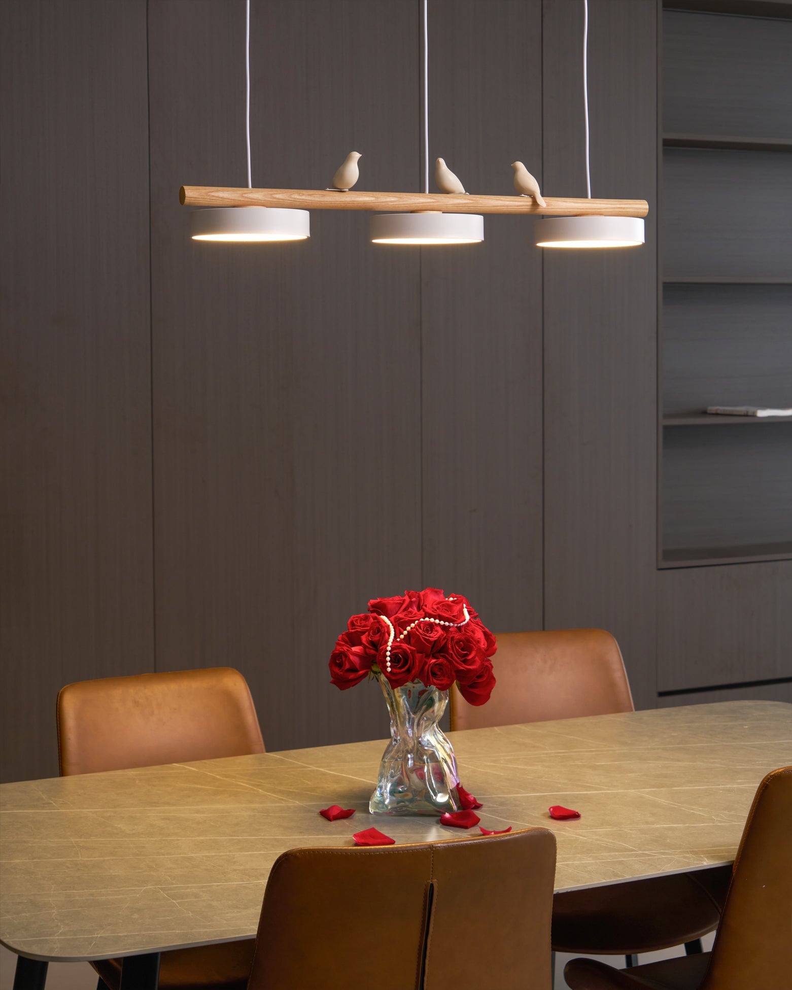 Linear Bar Pendant Light with Movable Bird Figurines Remote Dimming LED
