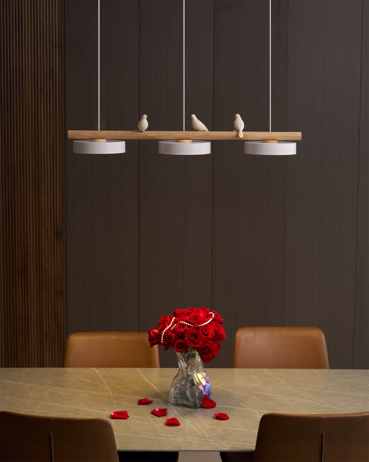 Linear Bar Pendant Light with Movable Bird Figurines Remote Dimming LED